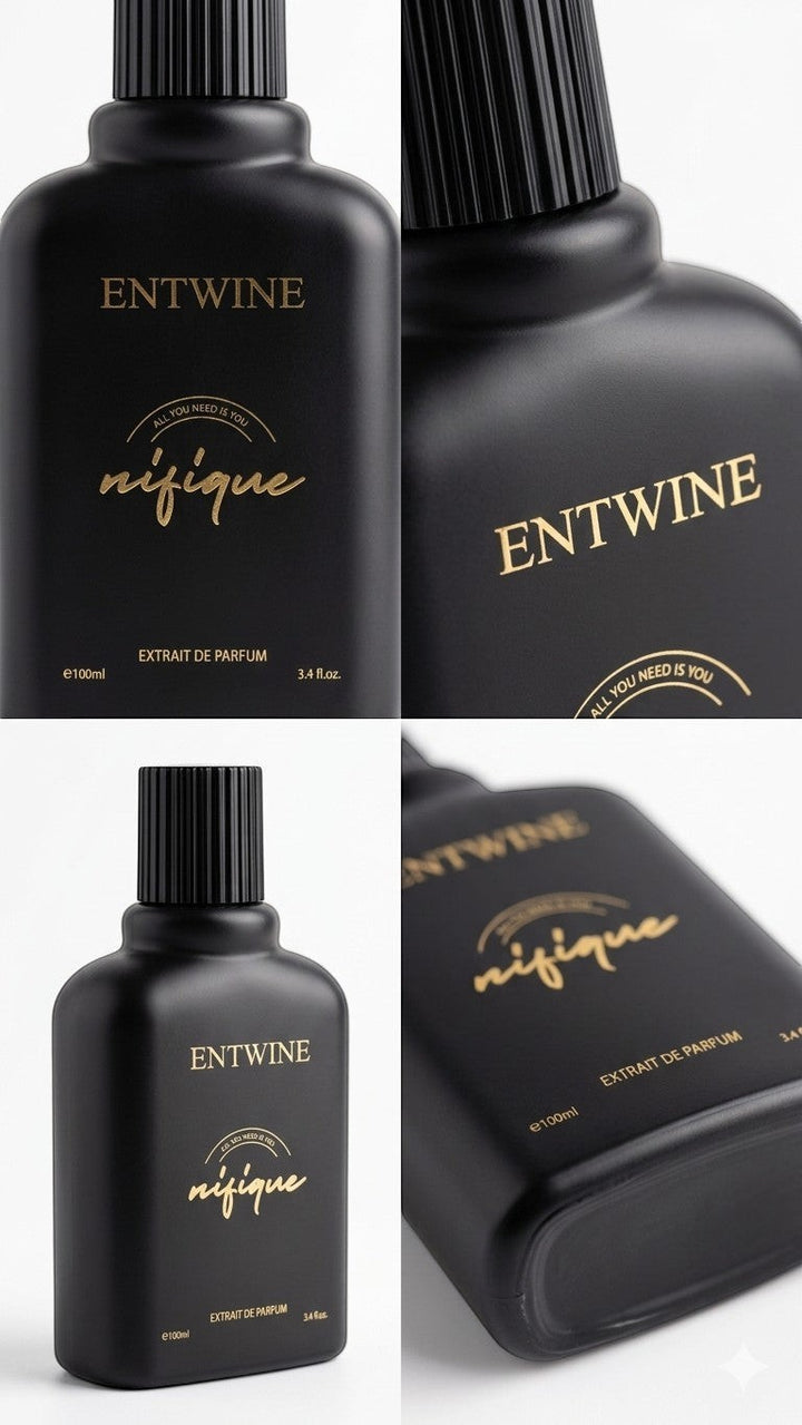 Nifique Entwine M010 Amber Oud Extrait de Parfum in a sleek matte black 100ml bottle with gold lettering.