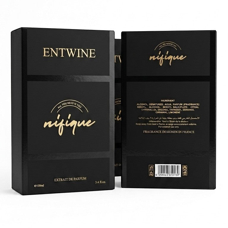 Nifique Entwine M010 Amber Oud Extrait de Parfum 100ml black rectangular fragrance box with gold branding