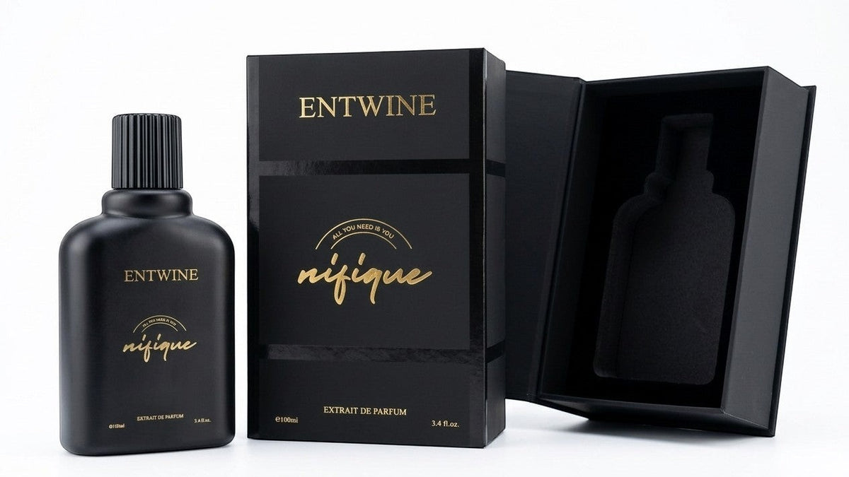 Nifique Entwine M010 Amber Oud Extrait de Parfum in a sleek matte black 100ml bottle with matching gift box
