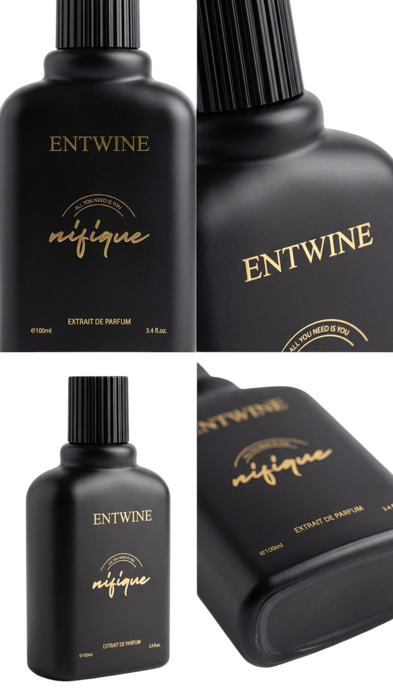 Nifique Entwine M011 Nouve Monde 100ml Extrait de Parfum in a sleek matte black bottle with gold lettering.