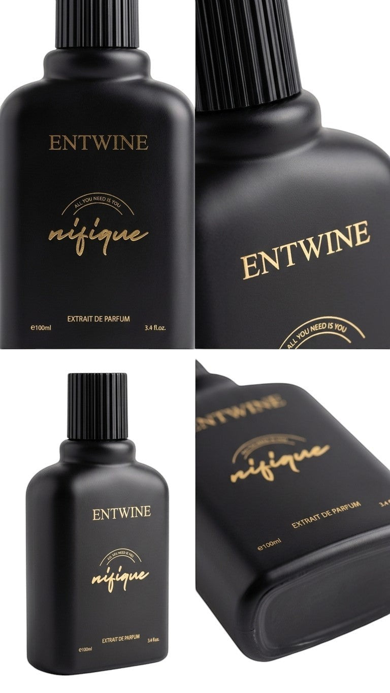 Nifique Entwine M011 Nouve Monde 100ml Extrait de Parfum in a sleek matte black bottle with gold lettering.