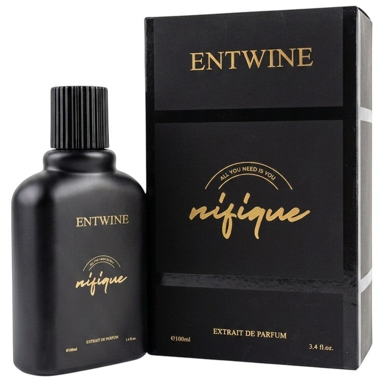 Nifique Entwine M012 Oud Greatness 100ml Extrait de Parfum in a sleek matte black bottle with matching gift box.