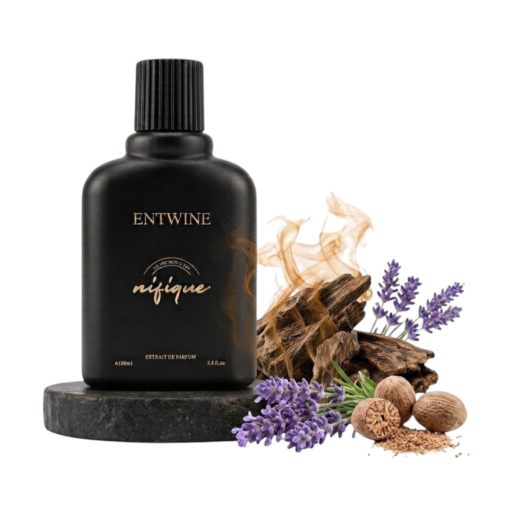 Nifique Entwine M012 Oud Greatness perfume in a matte black bottle with agarwood, lavender, and nutmeg ingredients.