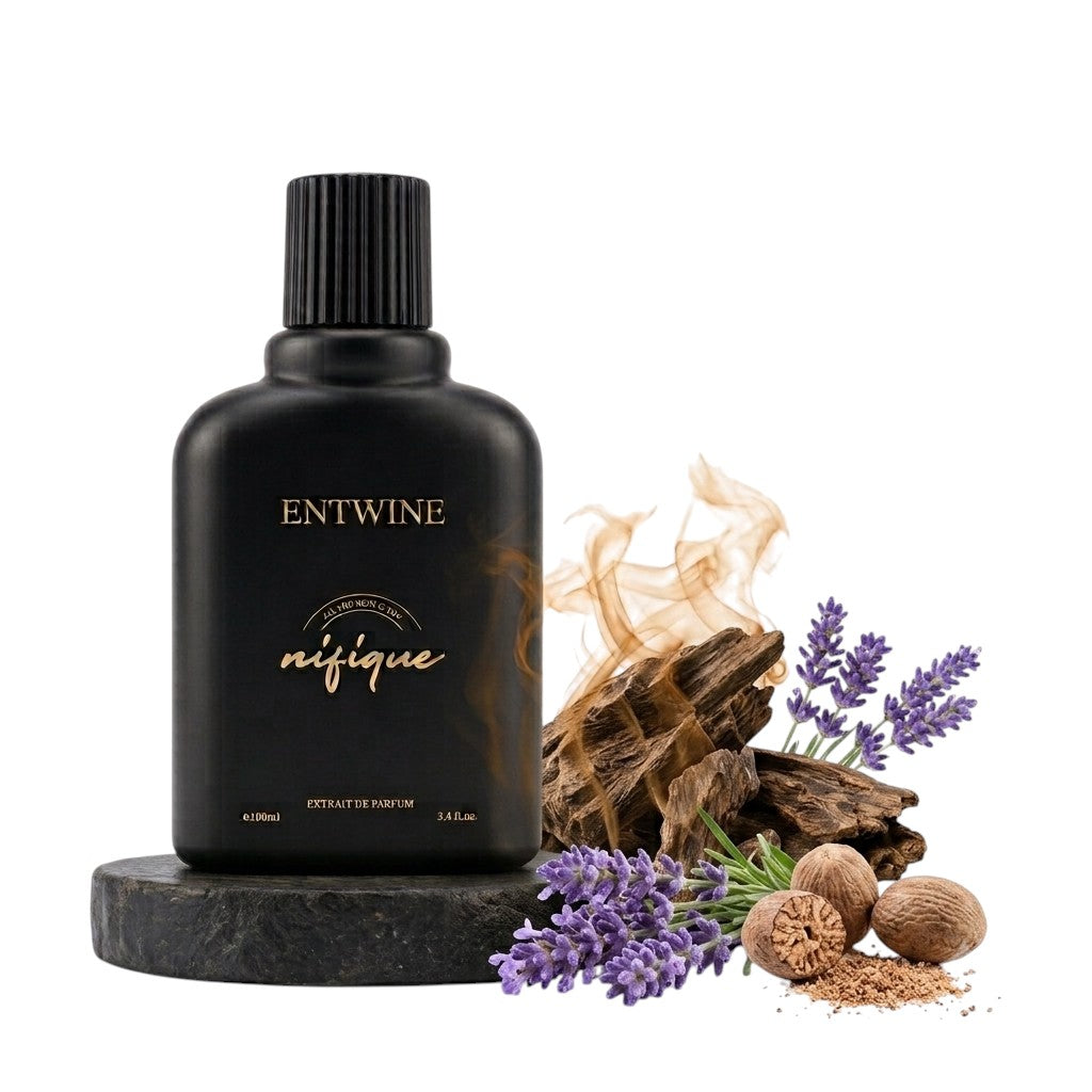 Nifique Entwine M012 Oud Greatness perfume in a matte black bottle with agarwood, lavender, and nutmeg ingredients.