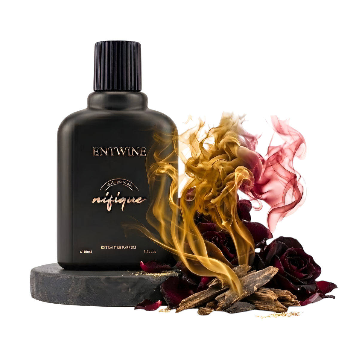 A black bottle of ENTWINE 'nifique' extra pure perfume extract, displayed on a dark stone slab with stylized golden and red smoke, dried rose petals, and wood pieces on a white background.