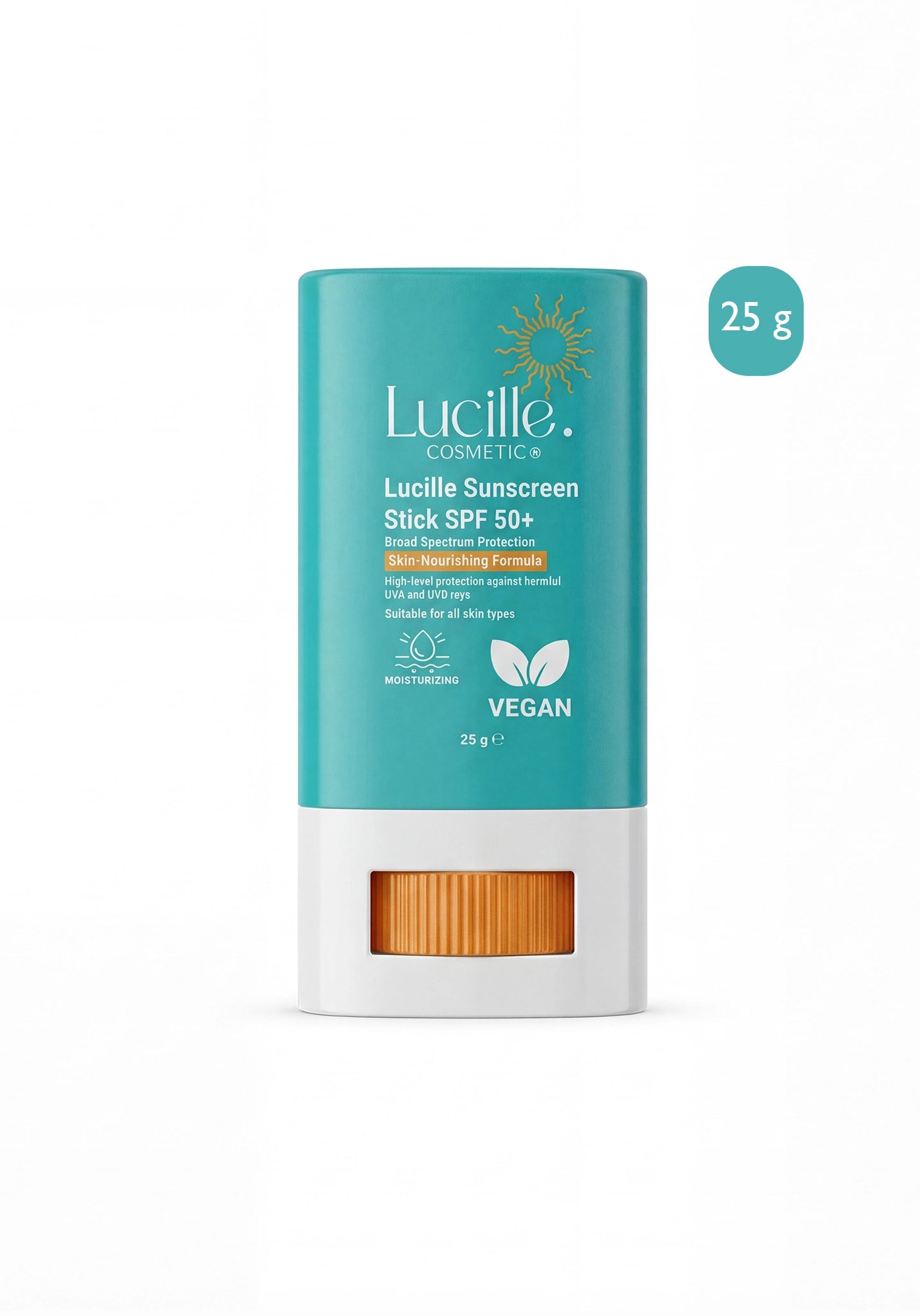 Lucille Cosmetics Lucille Sunscreen Stick SPF 50+ in a 25g container, featuring a teal and white design with an orange window showing the stick inside, set against a plain white background.