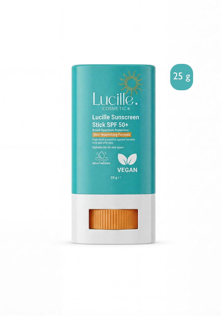 Lucille Cosmetics Lucille Sunscreen Stick SPF 50+ in a 25g container, featuring a teal and white design with an orange window showing the stick inside, set against a plain white background.